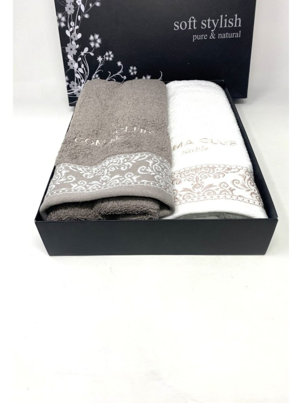 Korean Coma Club Decorative 2 Hand Towels White Grey Embroidered